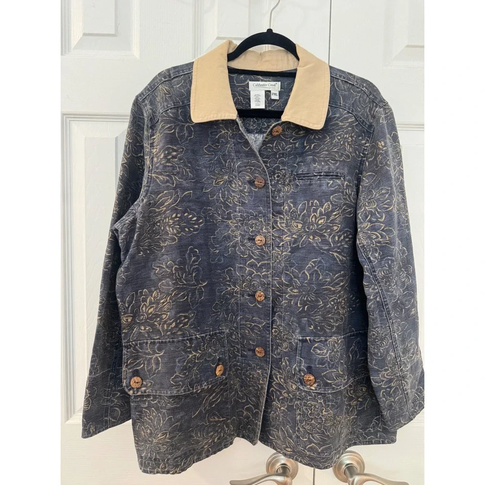 Coldwater Creek Womens PXL Linen Cotton Floral Chore Jacket Navy Tan Barn Coat